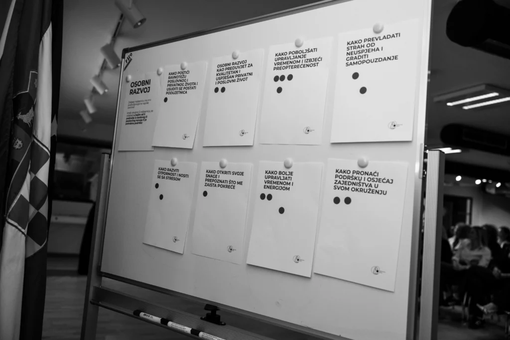 Bijela ploča s crno-bijele fotografije na kojoj su istaknuta ključna pitanja radionice, poput "Kako razviti otpornost i nositi se sa stresom" i "Kako bolji upravljati vremenom i energijom", posvećena mentalnom zdravlju žena.
