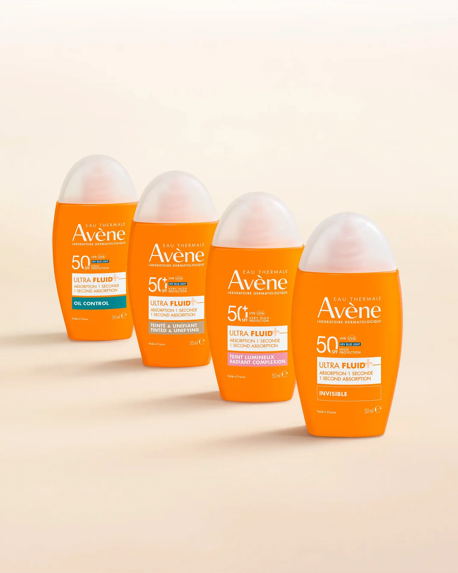 Linija Avène Ultra Fluid SPF 50+ proizvoda za zaštitu lica od sunca uključujući Oil Control, Tinted, Radiant i Invisible verzije.