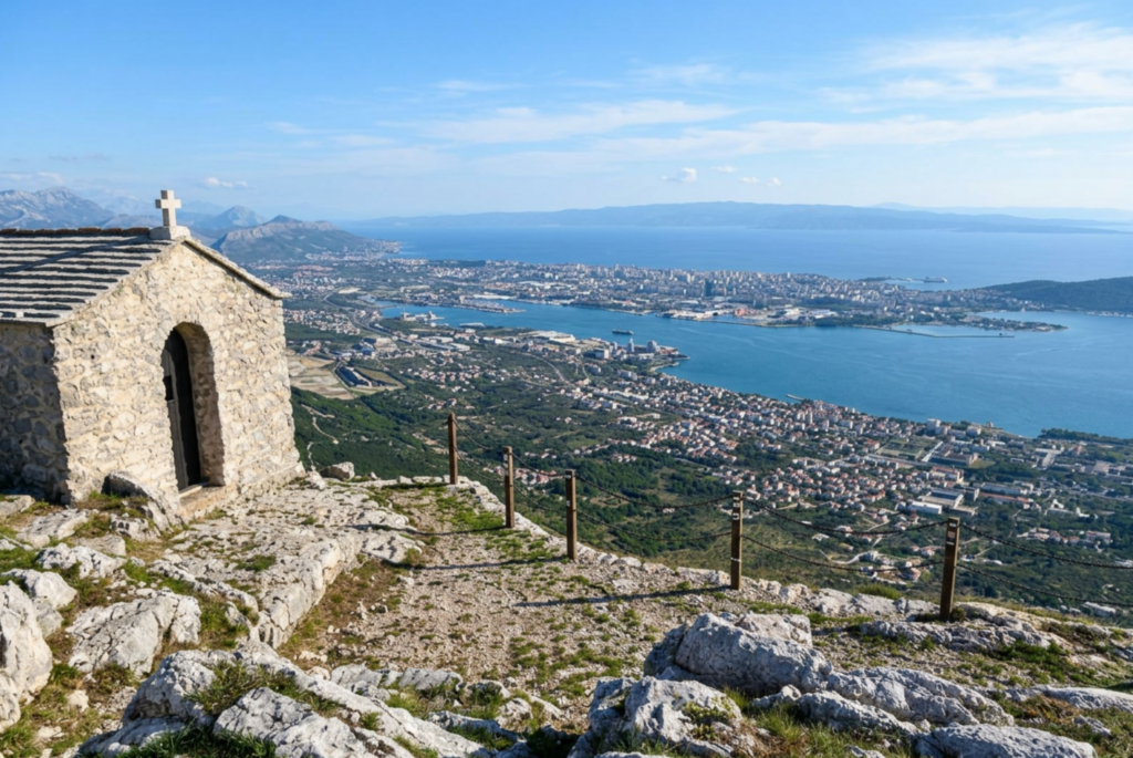 crkvica na planini s koje puca pogled na more, Kaštela, Split i Marjan.